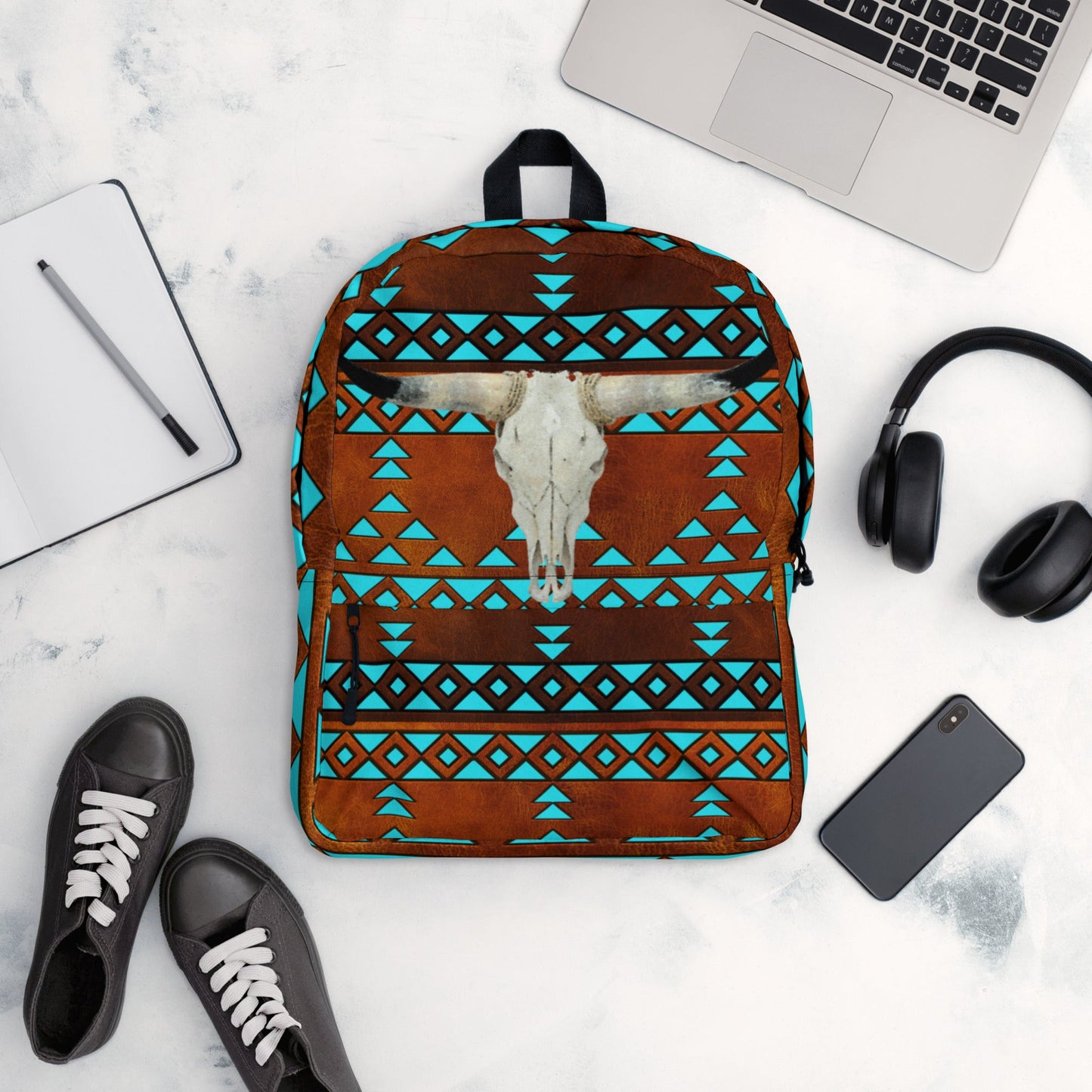 Turquoise Aztec Bull Skull Backpack