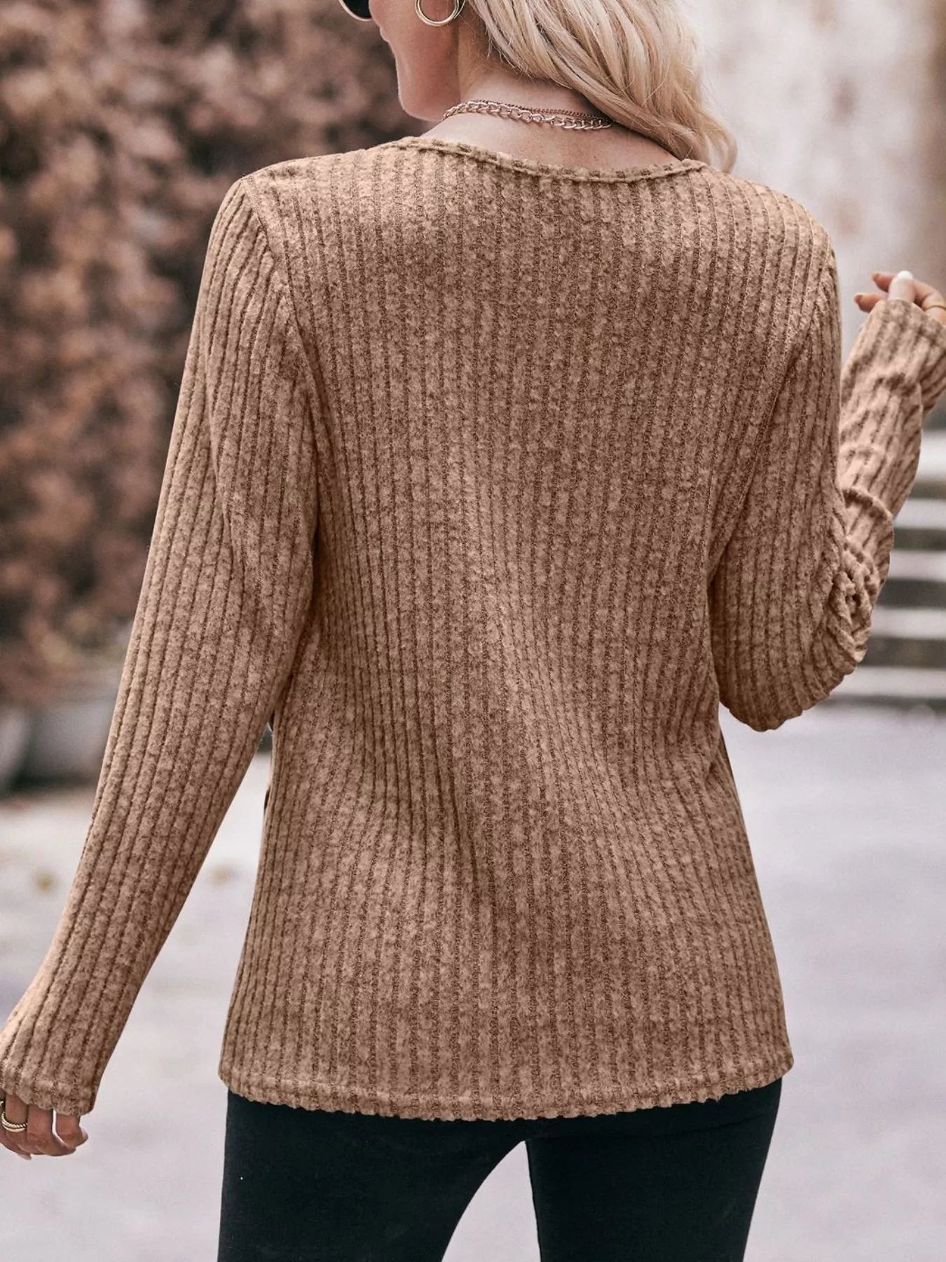 Ribbed Knit Long Sleeve T-Shirt