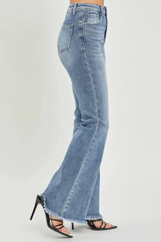 Flare Jeans High Waist Raw Hem by Trendsi