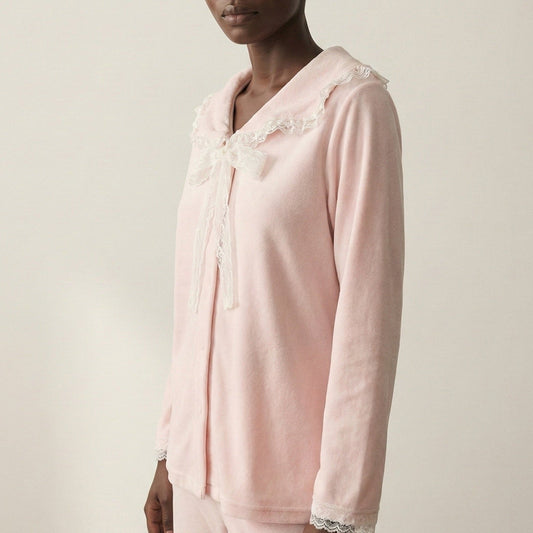 Rosy Velvet Coquette Lace Pajama Set / Pink