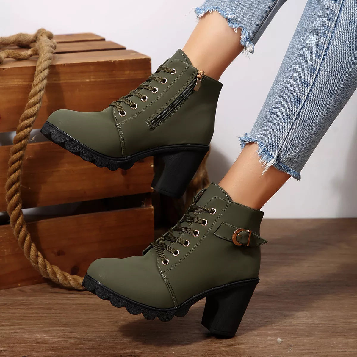 Lace-Up Buckle Chunky Heel Ankle Boots