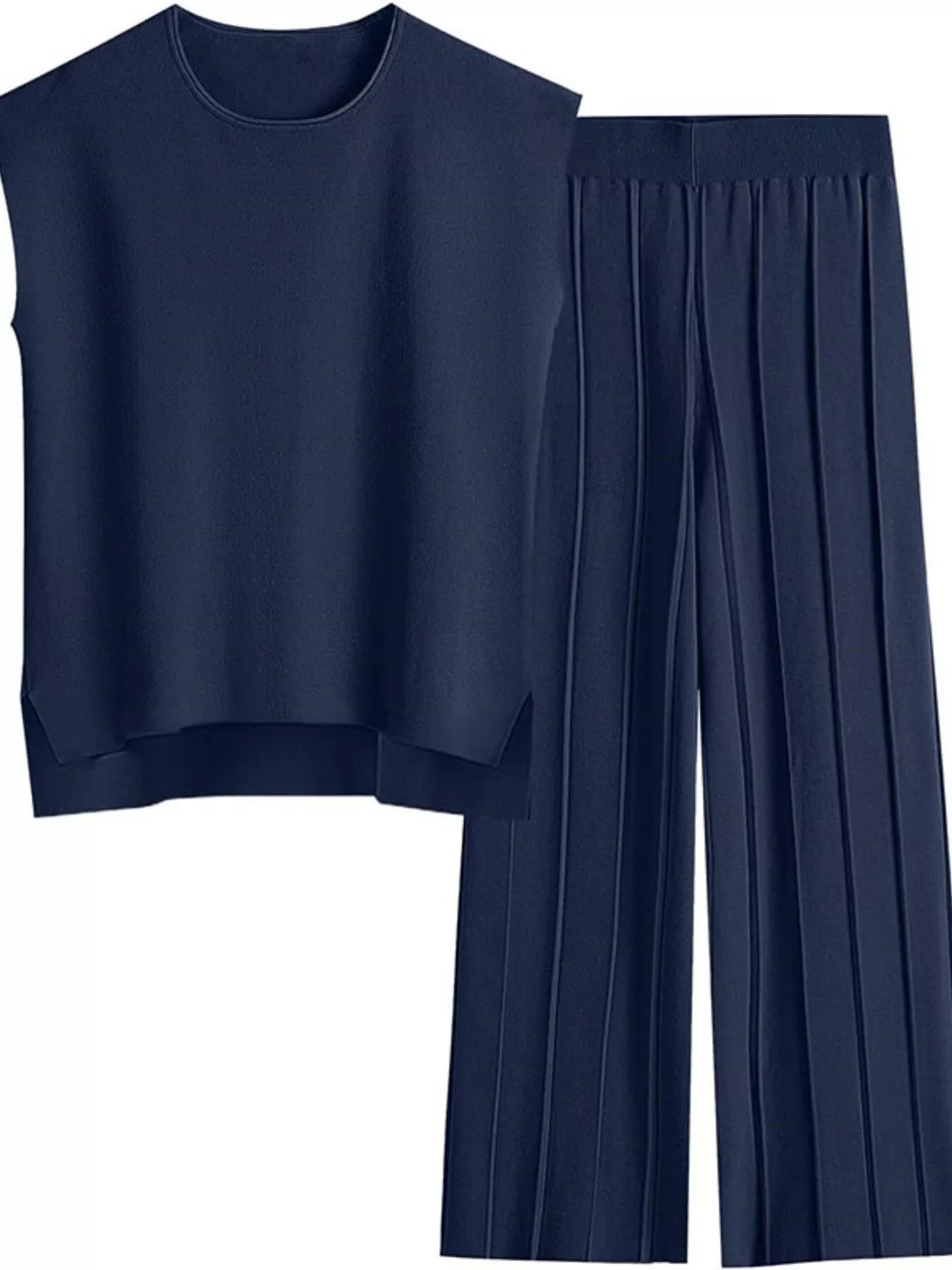 Casual Solid Color Cap Sleeve Top and Pants Knit Set