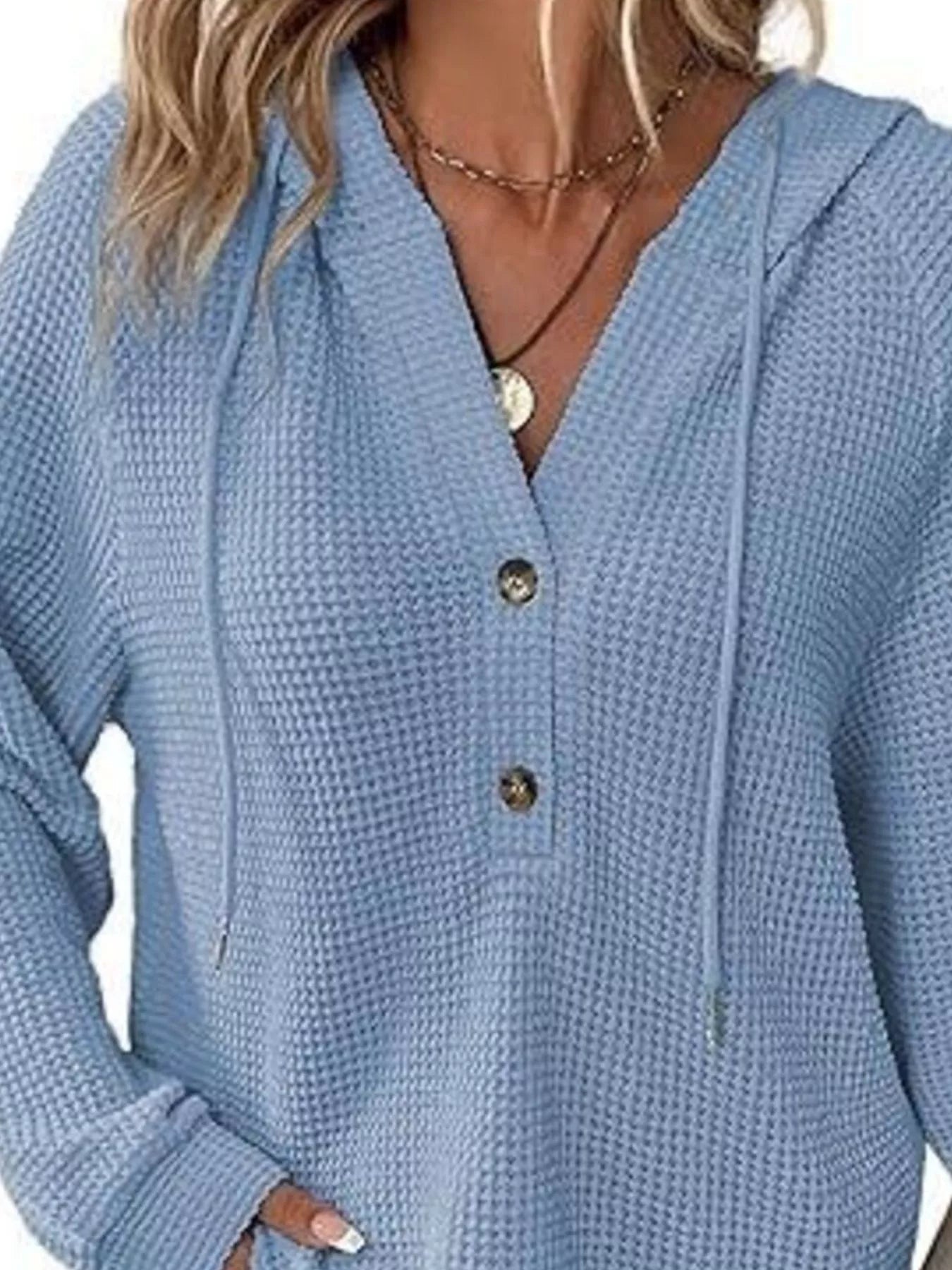Full Size Button Detail Waffle Knit Hoodie Plus Size