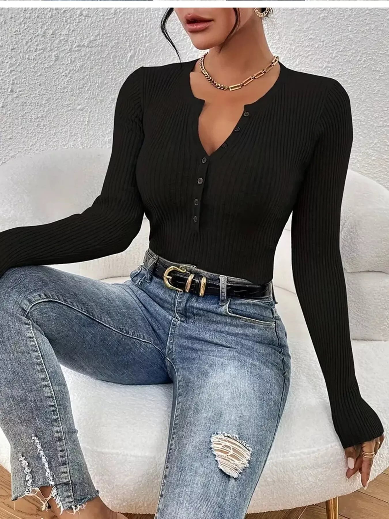 Ribbed Knit Button Front Knit Top