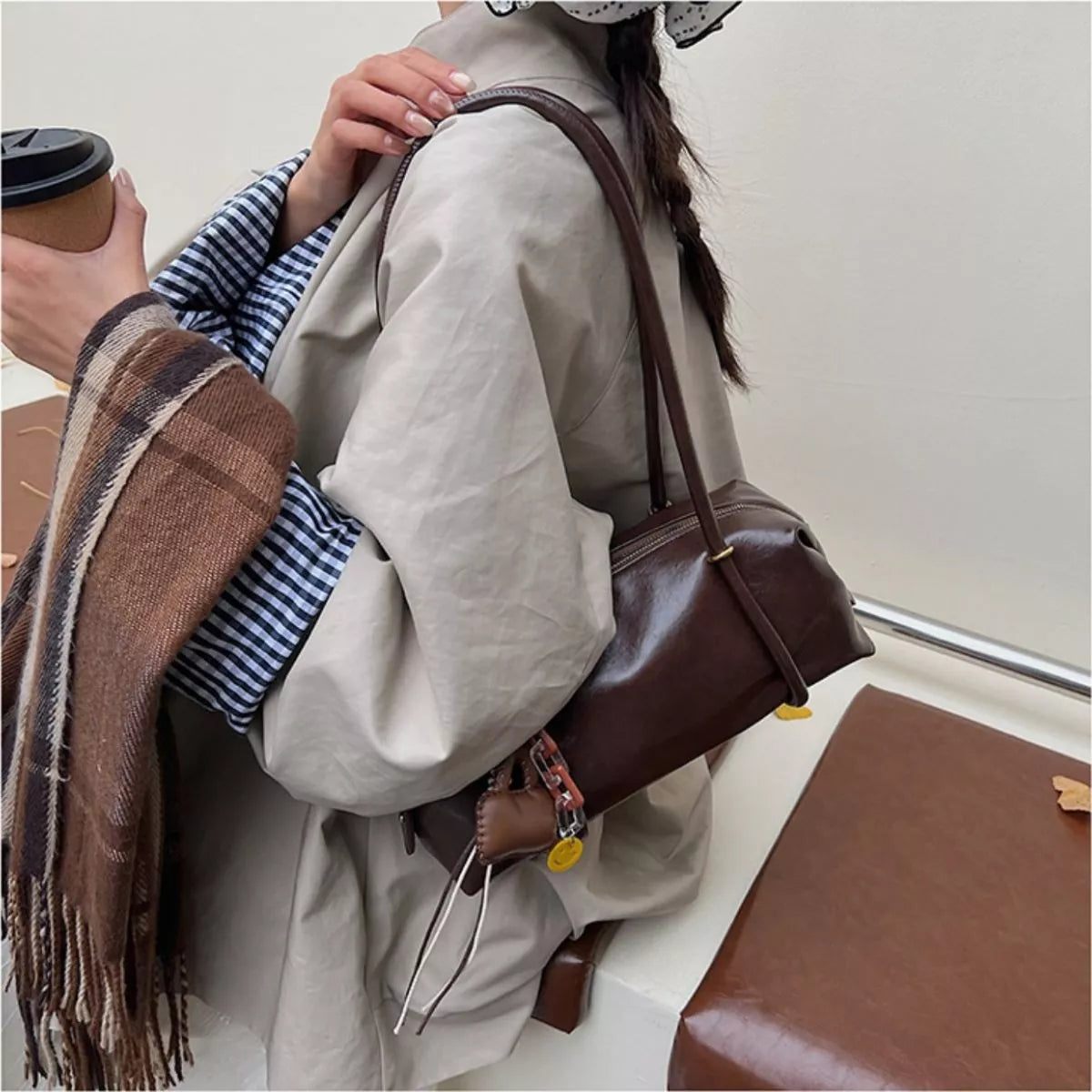 Leather Shoulder Bag with Charm