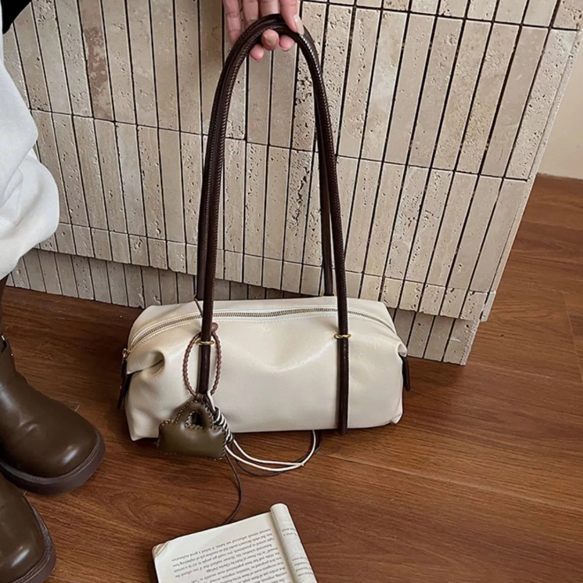 Leather Shoulder Bag with Charm