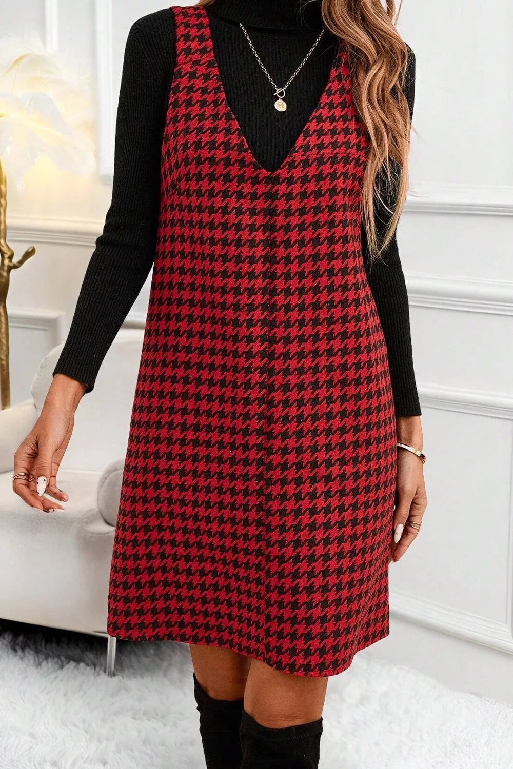 Houndstooth V-Neck Sleeveless Mini Dress