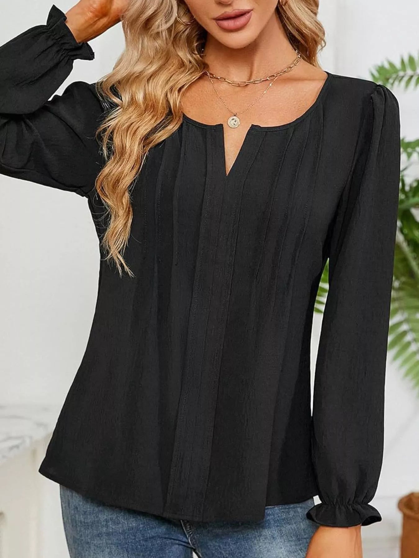Notched Ruffle Cuff Blouse
