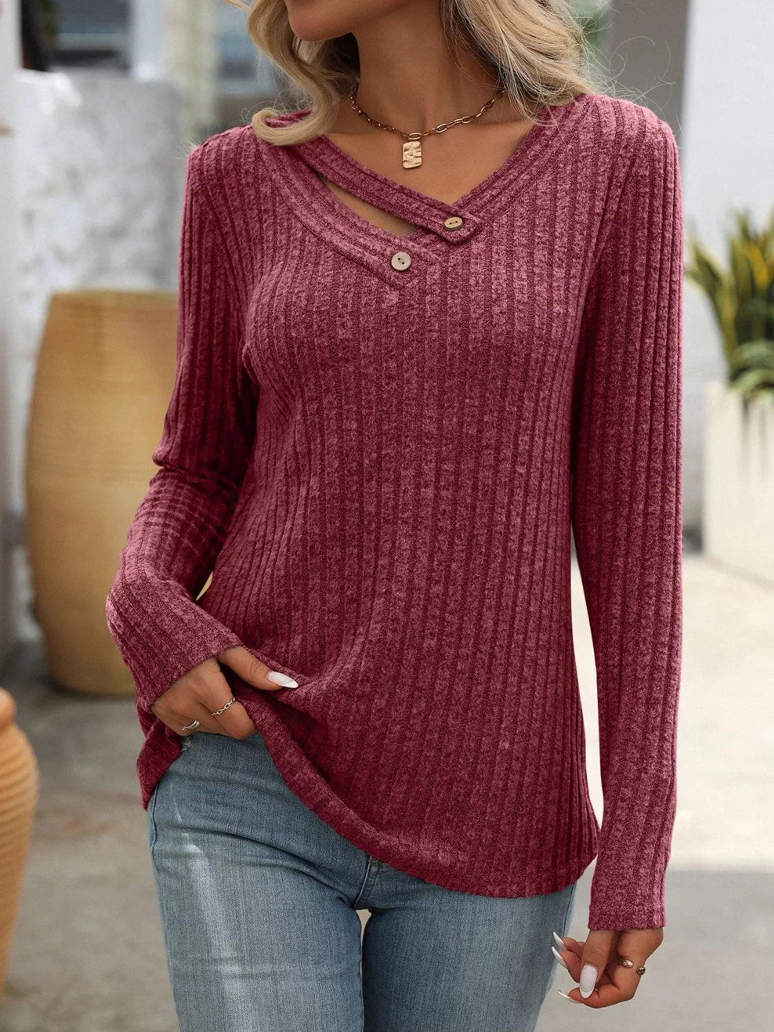Ribbed Knit Long Sleeve Button Detail T-Shirt