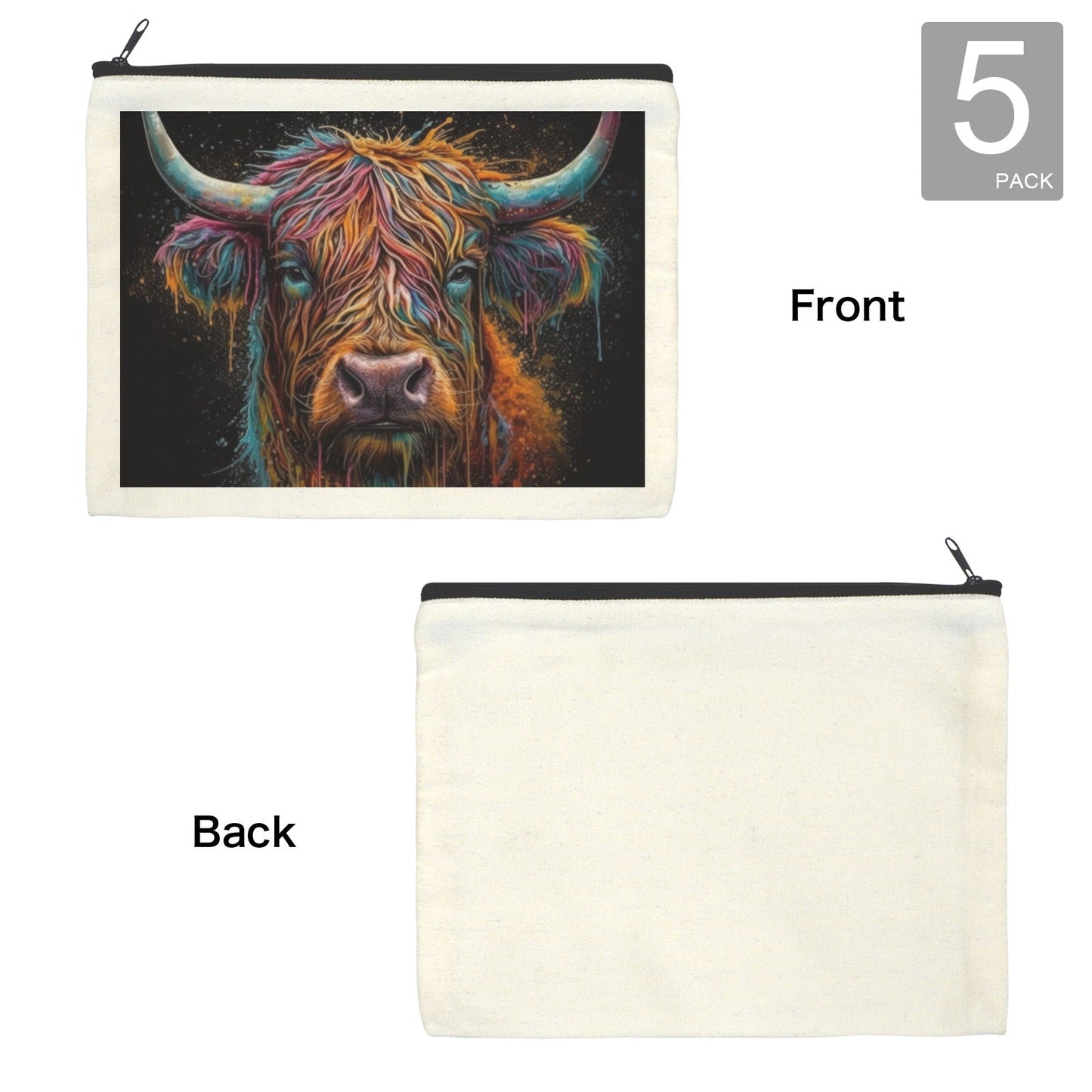 Baha Ranch Painted Highland Cow Cosmetic Bag Pack of 5 Made in America