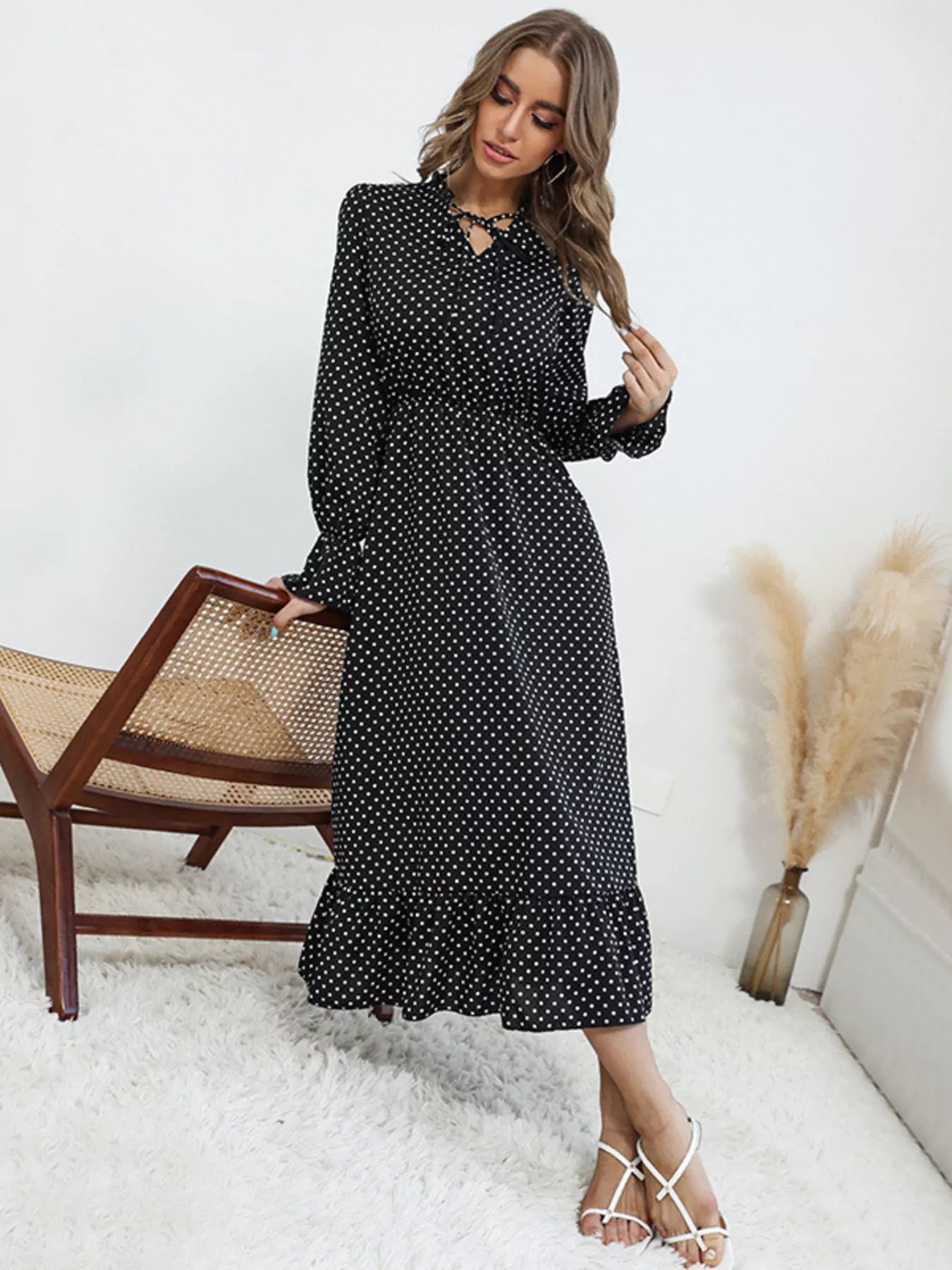 Polka Dot Ruffle Hem Midi Dress
