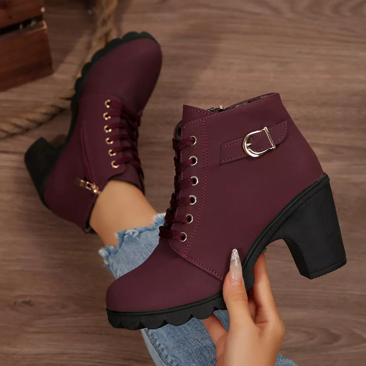 Lace-Up Buckle Chunky Heel Ankle Boots
