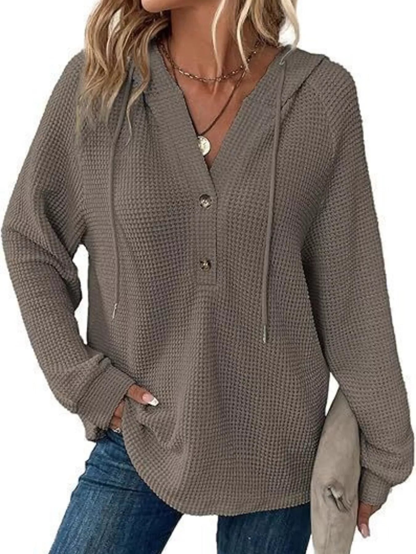 Full Size Button Detail Waffle Knit Hoodie Plus Size