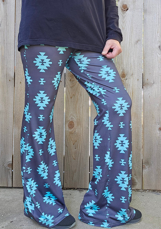Baha Ranch Charcoal Turquoise Aztec Flare Pants