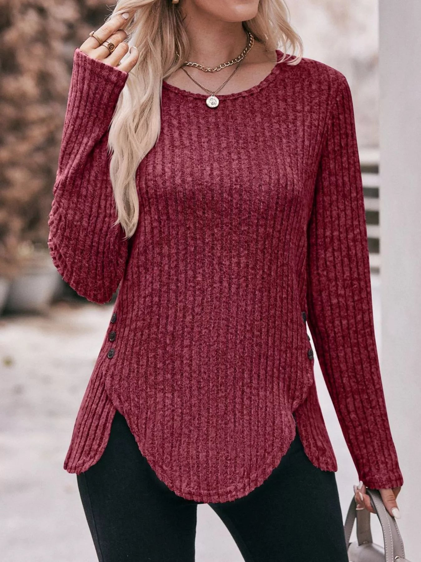 Ribbed Knit Long Sleeve T-Shirt