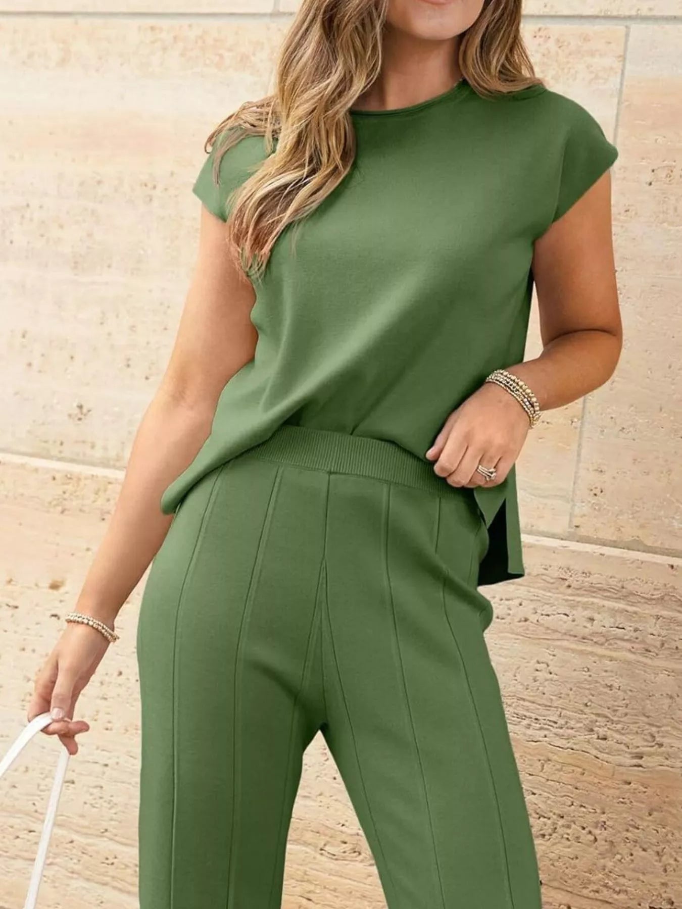 Casual Solid Color Cap Sleeve Top and Pants Knit Set