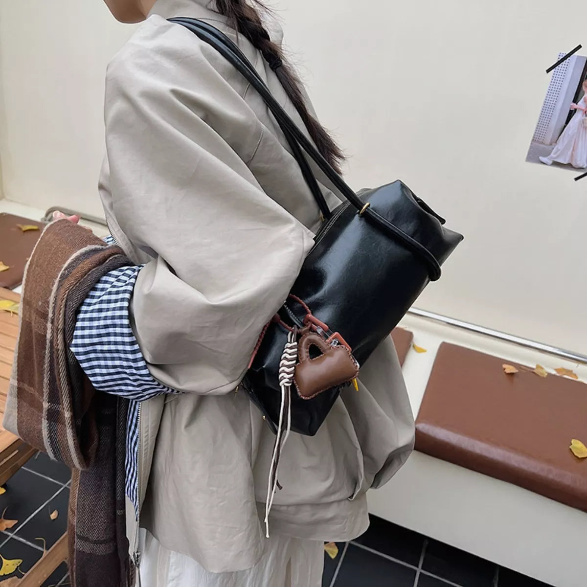 Leather Shoulder Bag with Charm