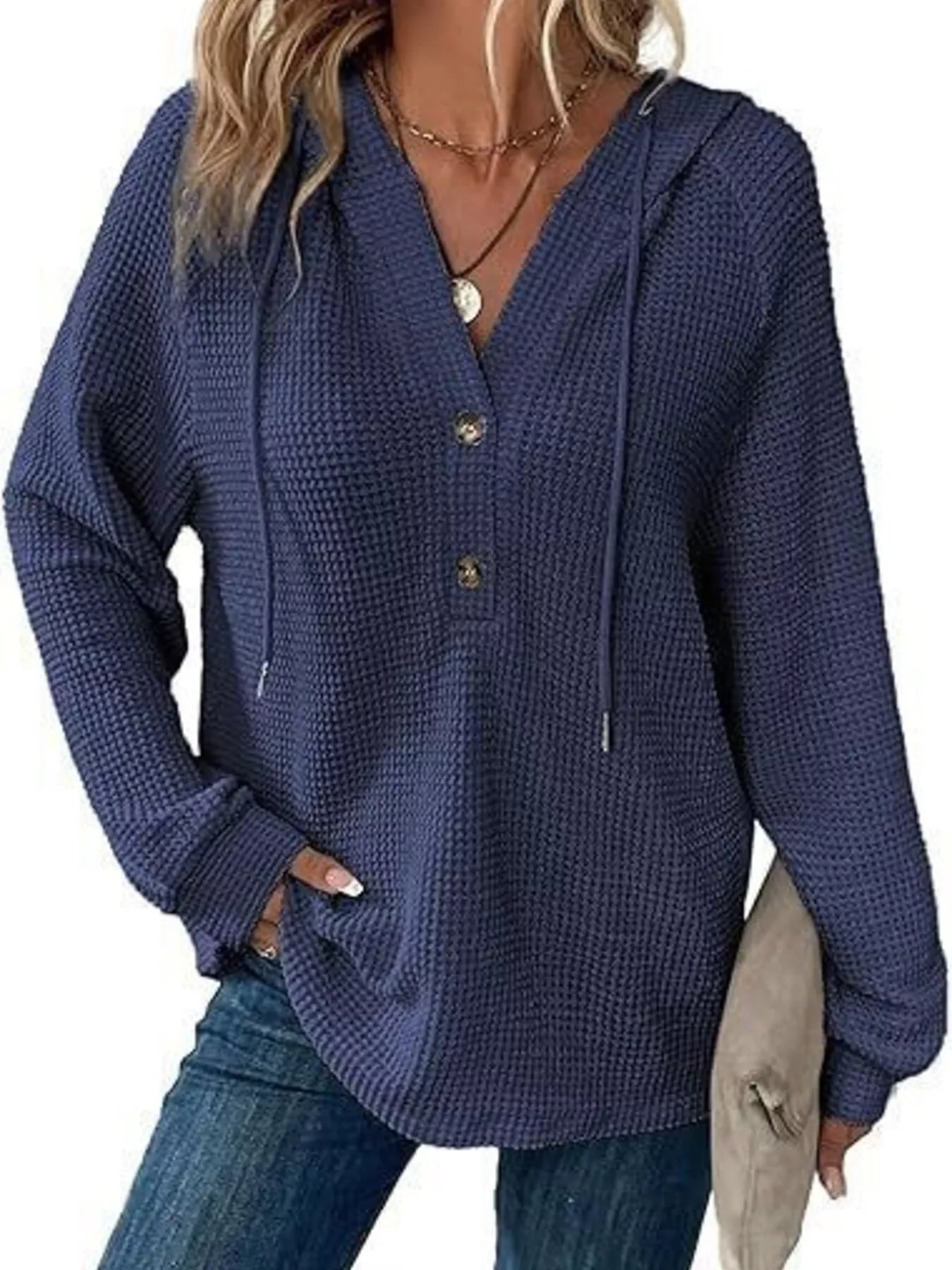 Full Size Button Detail Waffle Knit Hoodie Plus Size