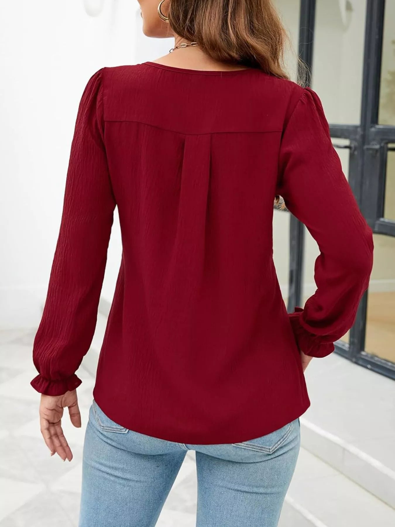Notched Ruffle Cuff Blouse