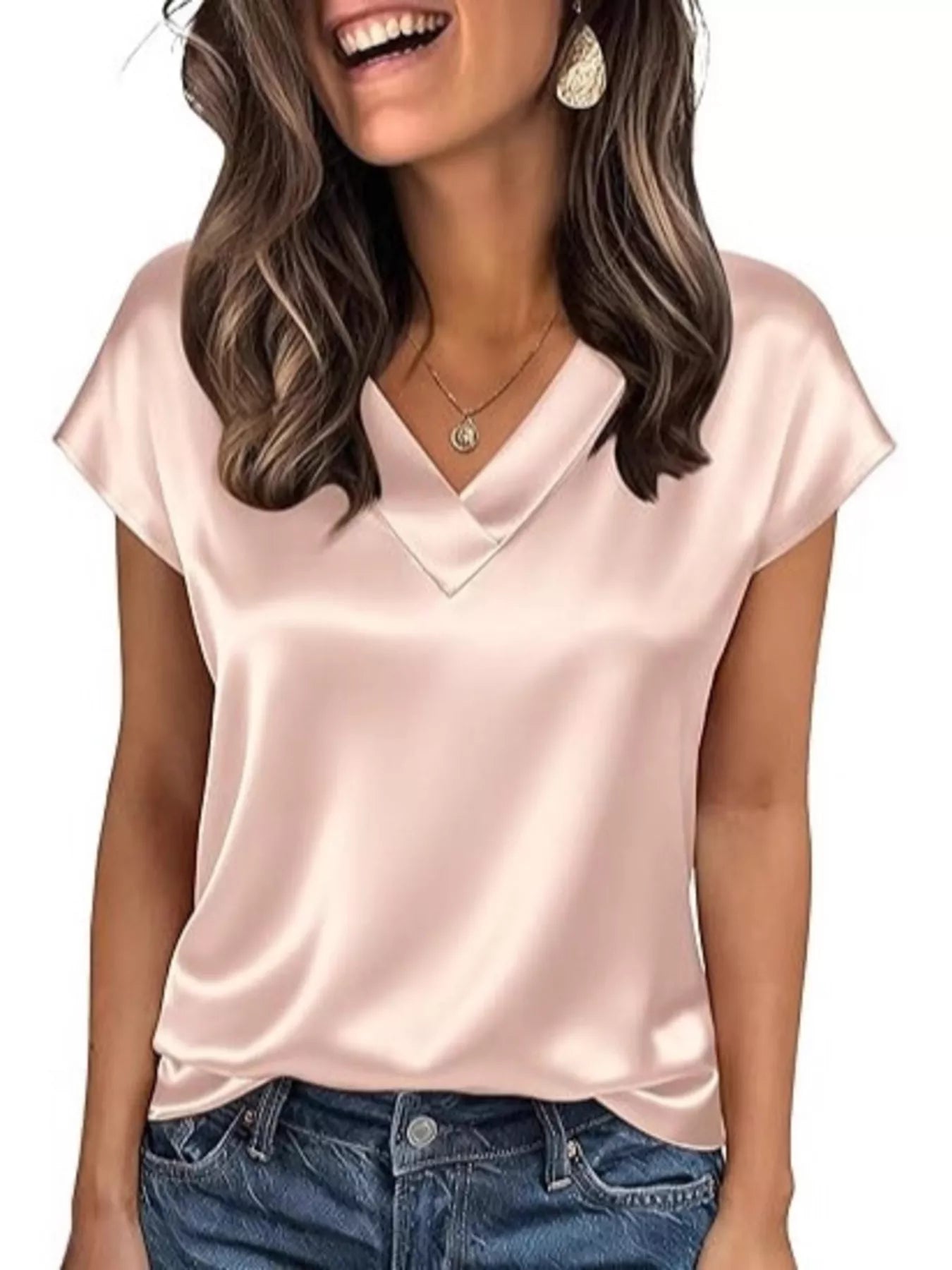Satin V-Neck Short Sleeve Blouse