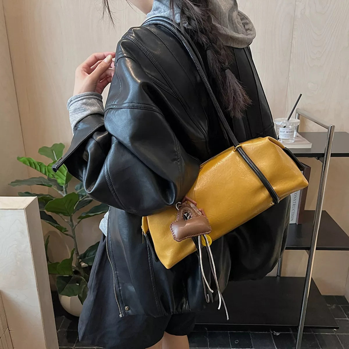 Leather Shoulder Bag with Charm