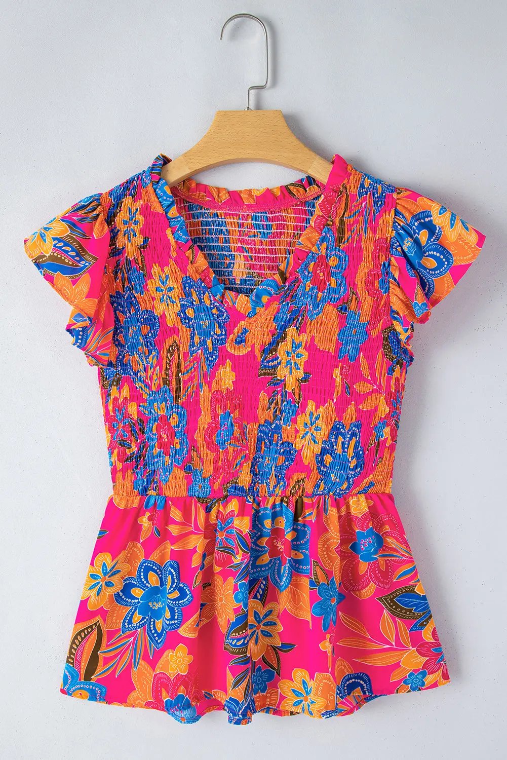 Women's Smocked Blouse Blouse - Floral Smocked - Flutter Sleeve Ruffle Trim