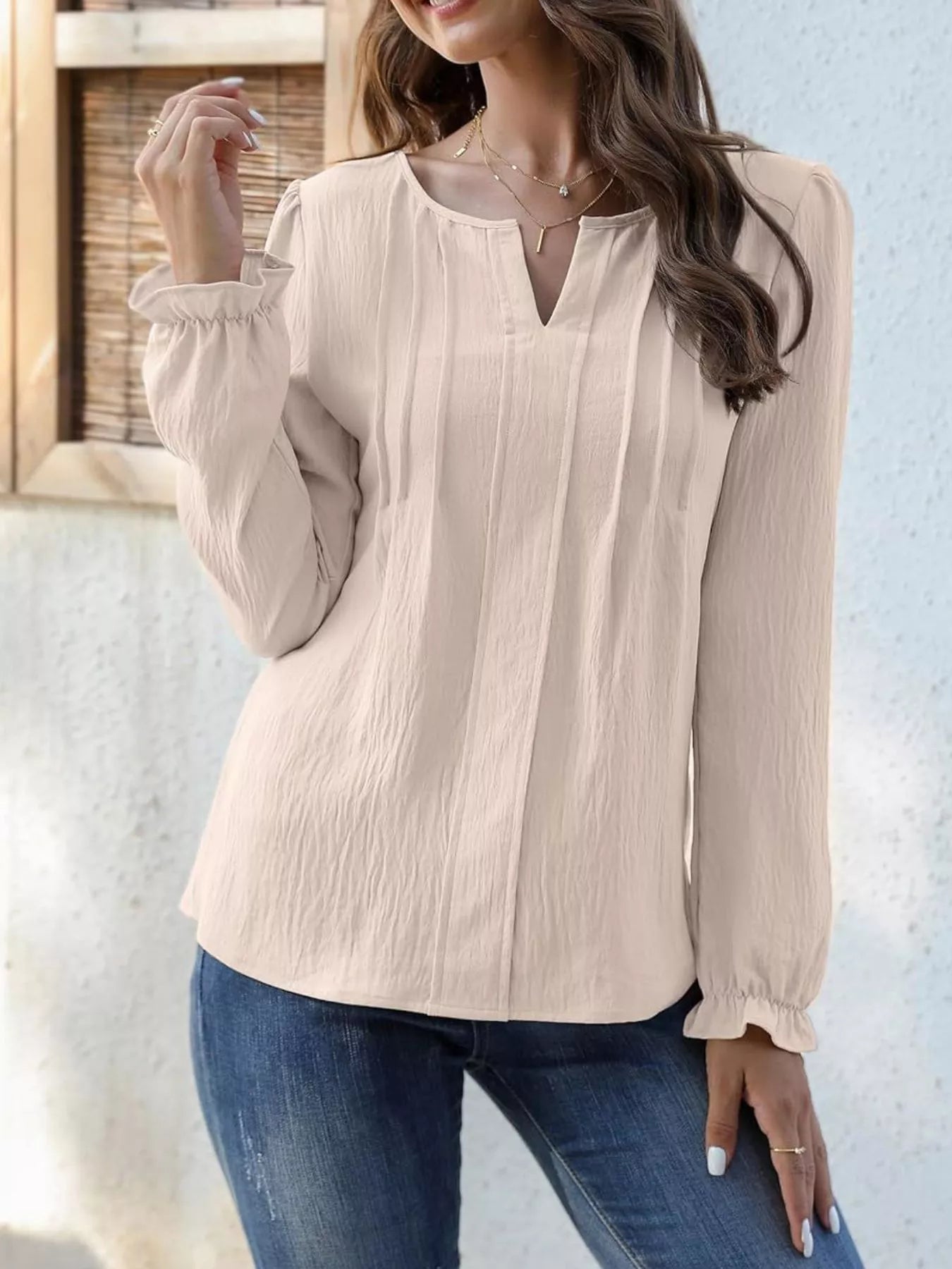 Notched Ruffle Cuff Blouse
