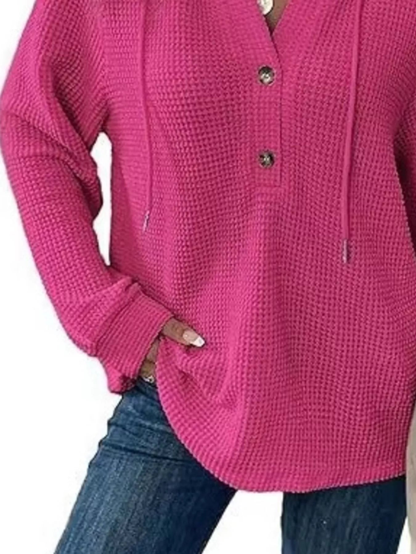 Full Size Button Detail Waffle Knit Hoodie Plus Size