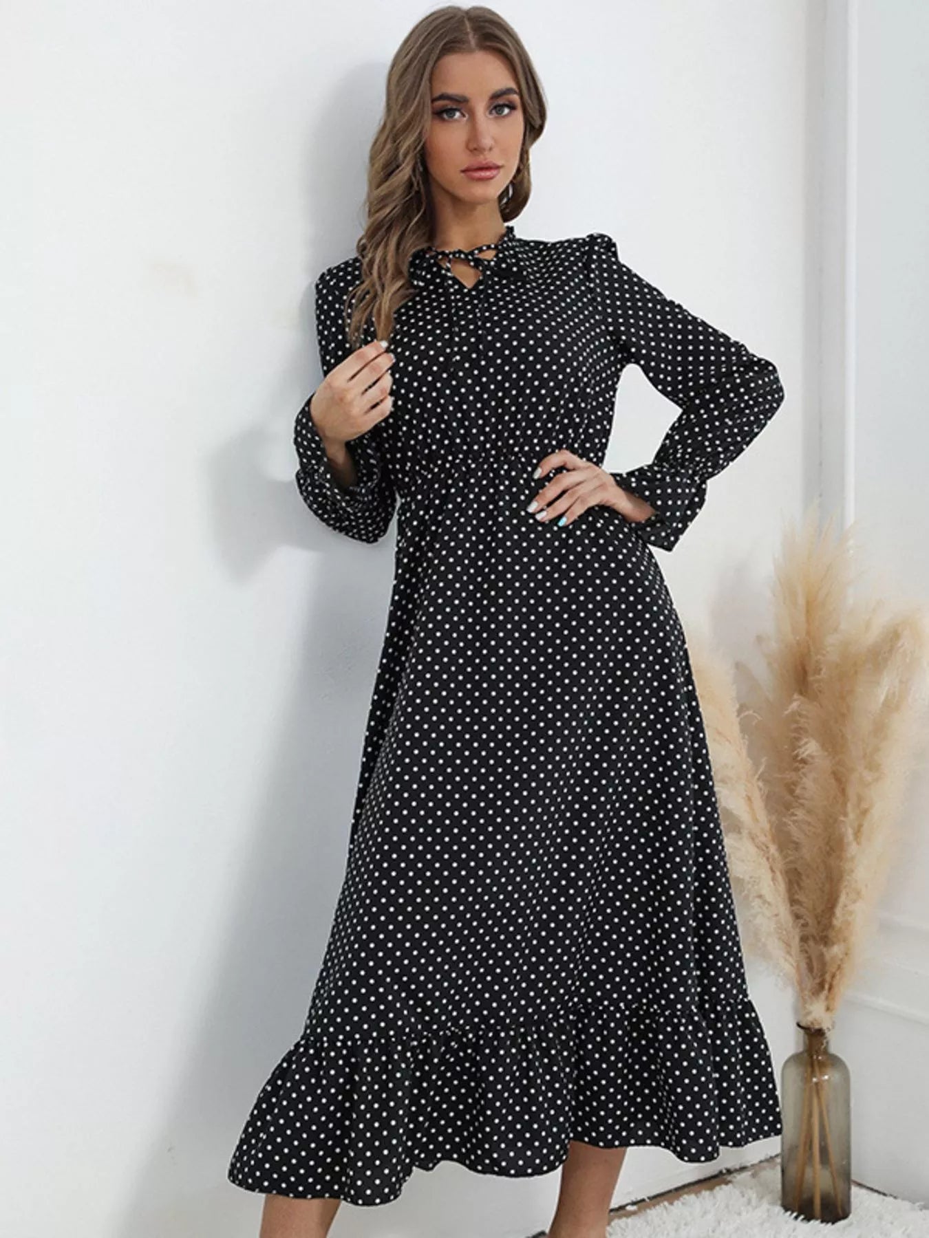 Polka Dot Ruffle Hem Midi Dress