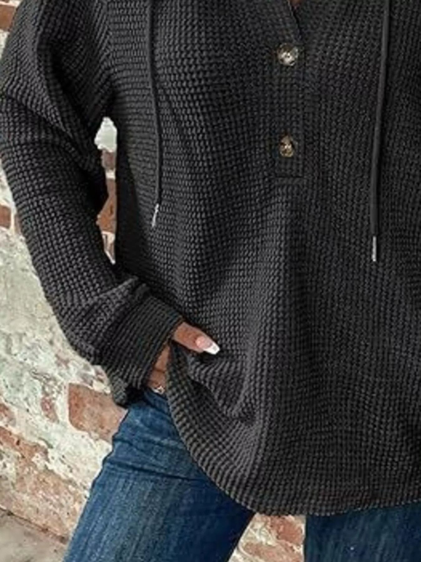 Full Size Button Detail Waffle Knit Hoodie Plus Size