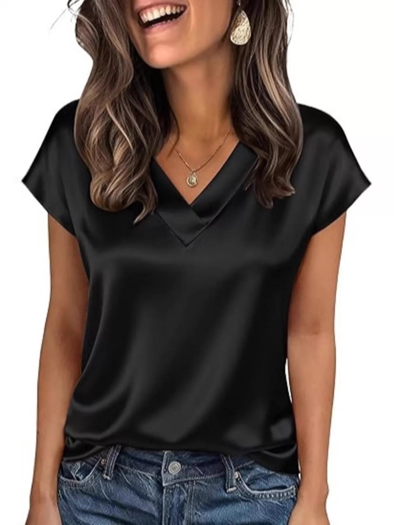 Satin V-Neck Short Sleeve Blouse