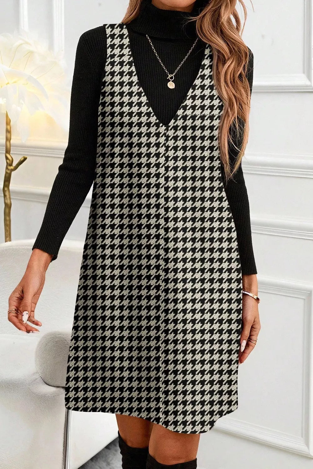 Houndstooth V-Neck Sleeveless Mini Dress