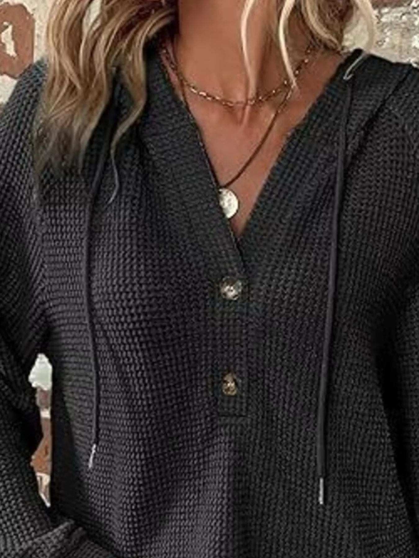 Full Size Button Detail Waffle Knit Hoodie Plus Size