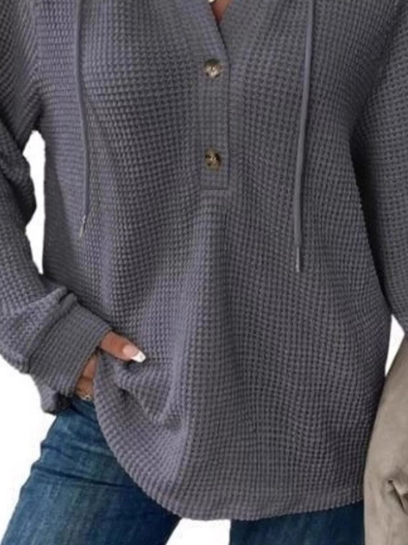 Full Size Button Detail Waffle Knit Hoodie Plus Size