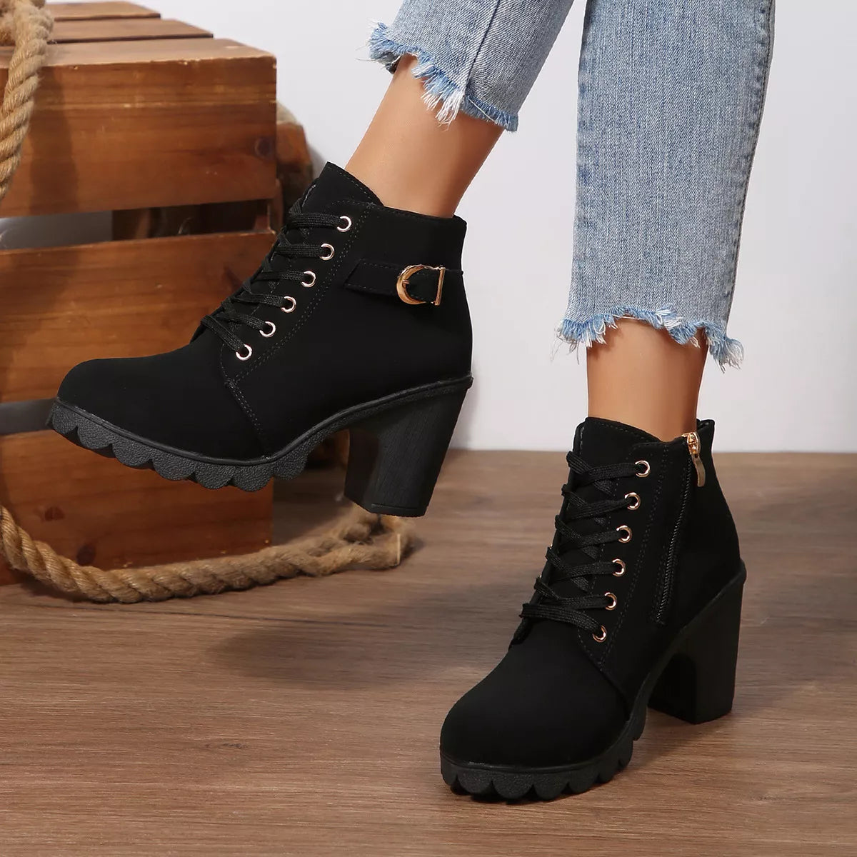 Lace-Up Buckle Chunky Heel Ankle Boots