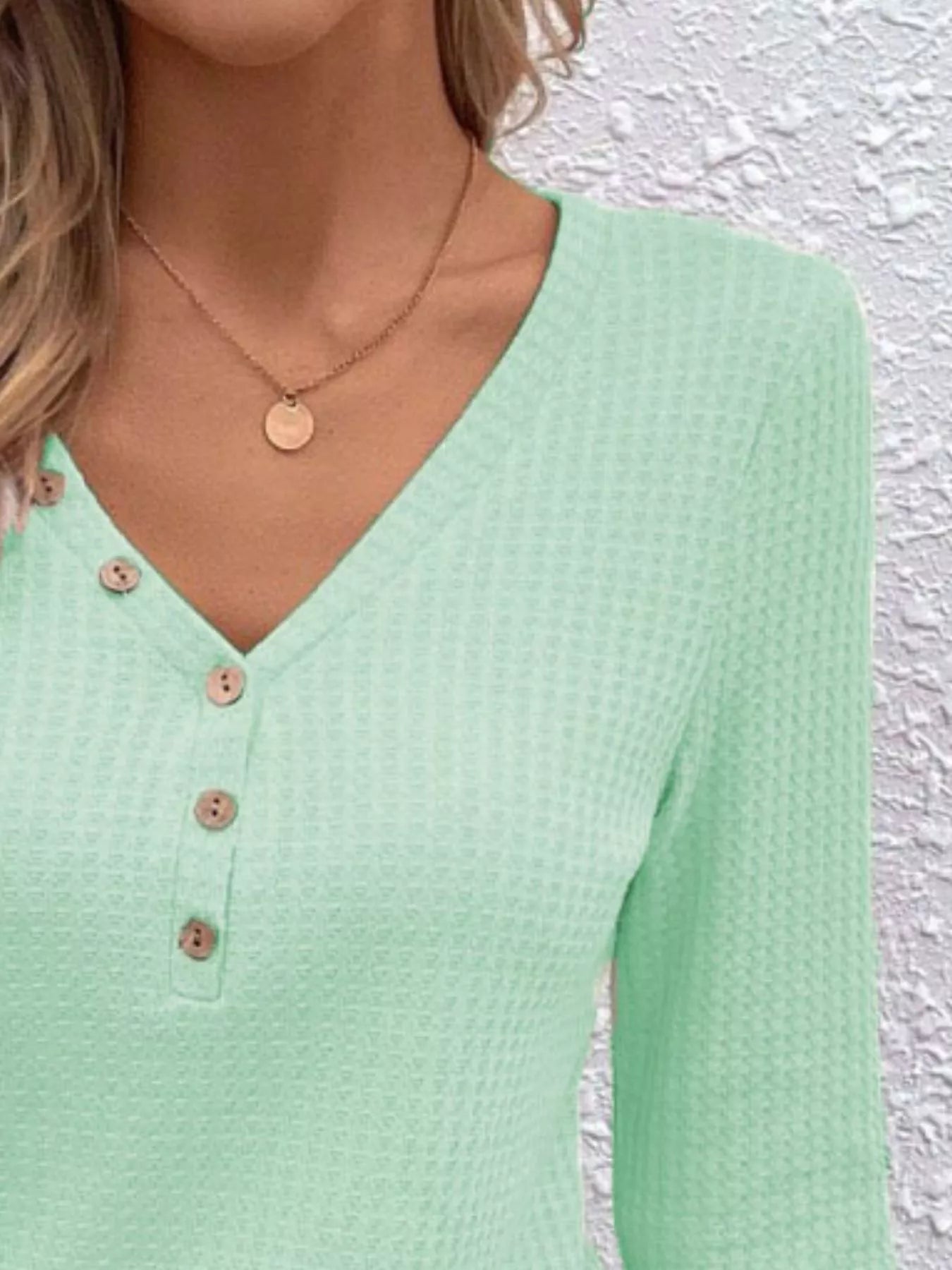 Waffle Knit Button-Detail V-Neck T-Shirt