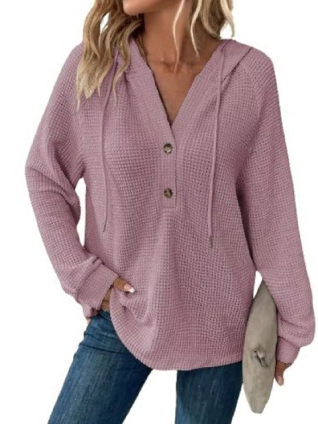 Full Size Button Detail Waffle Knit Hoodie Plus Size