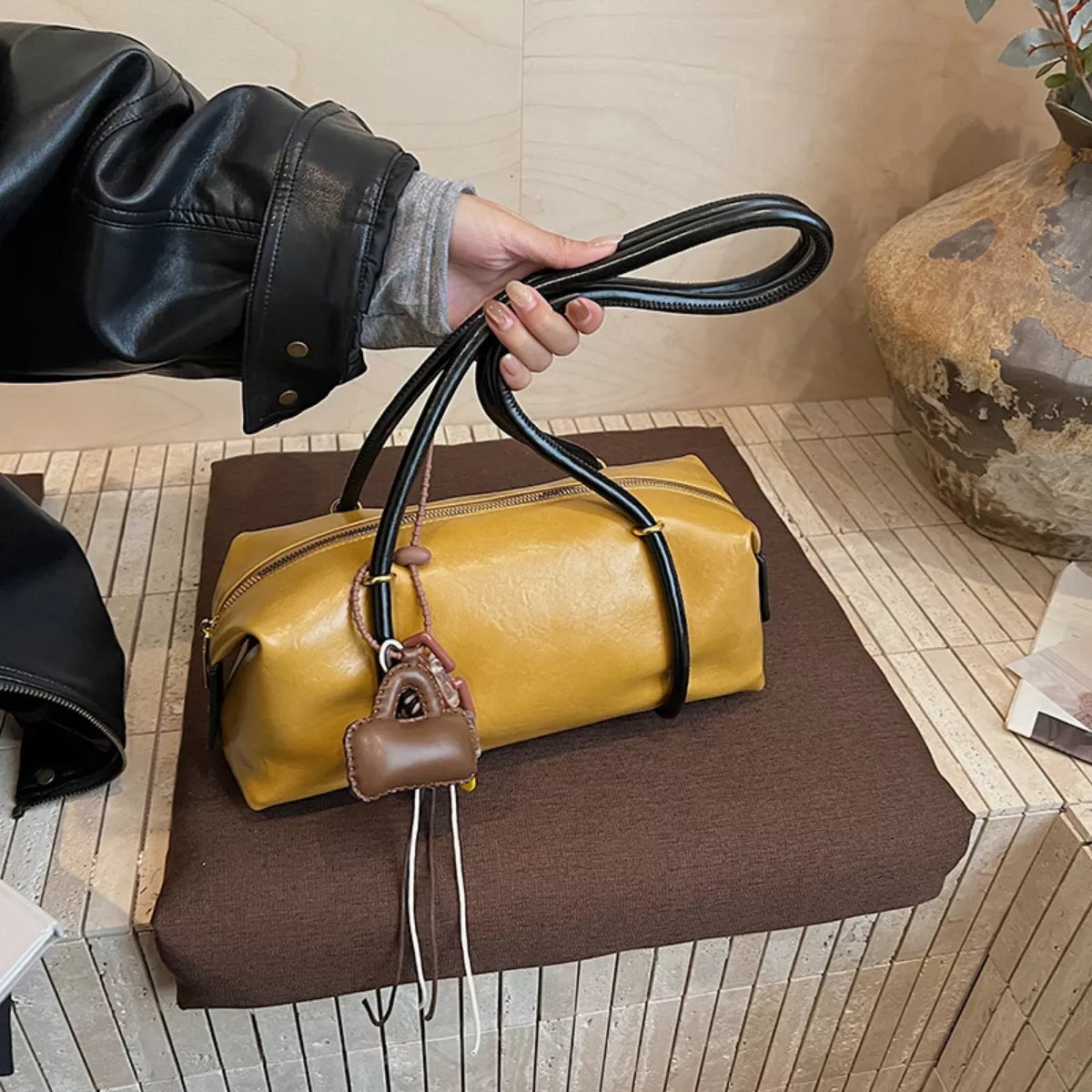 Leather Shoulder Bag with Charm