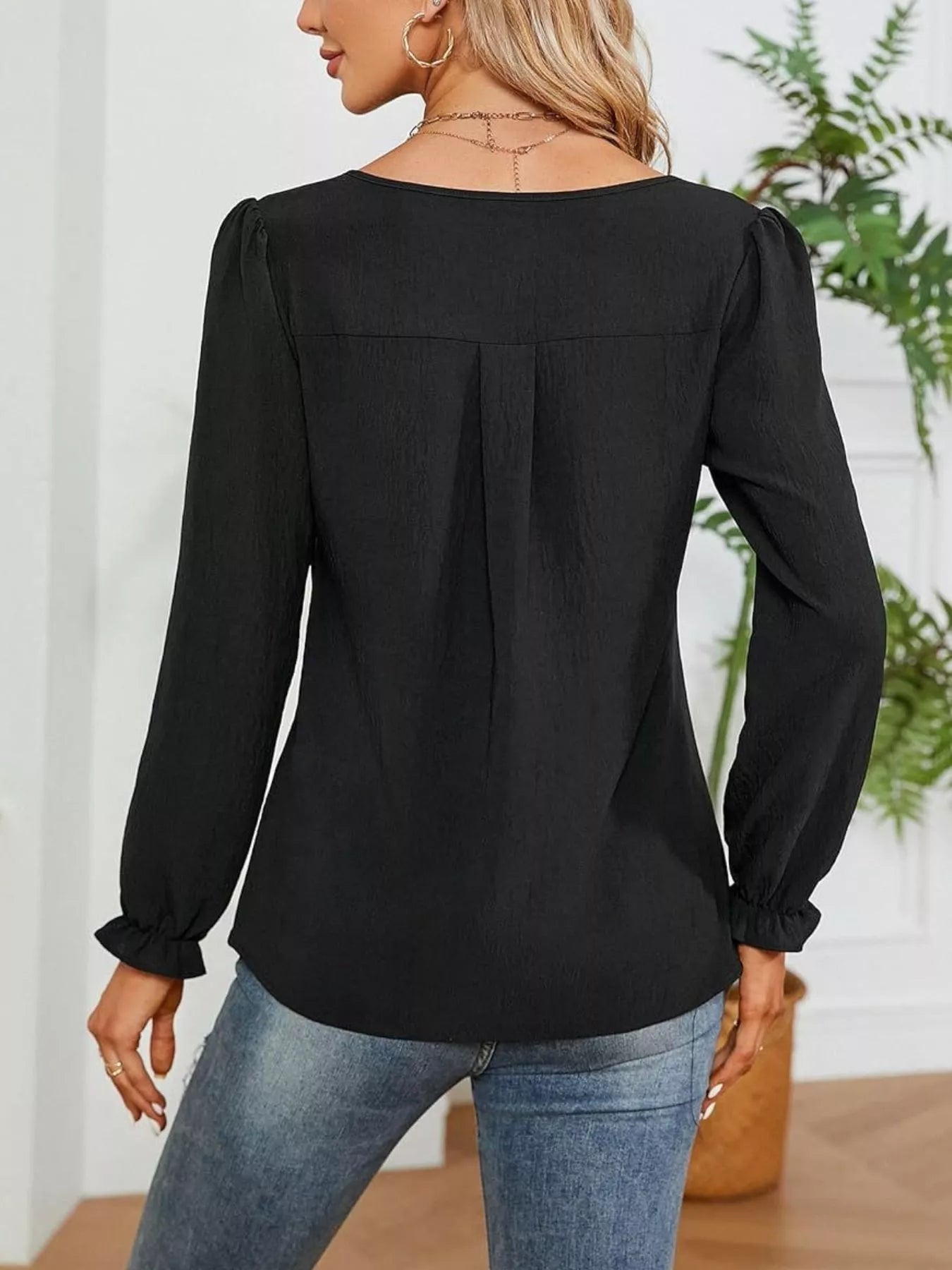 Notched Ruffle Cuff Blouse