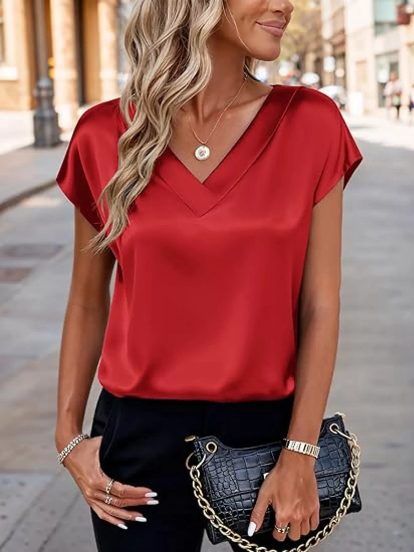 Satin V-Neck Short Sleeve Blouse