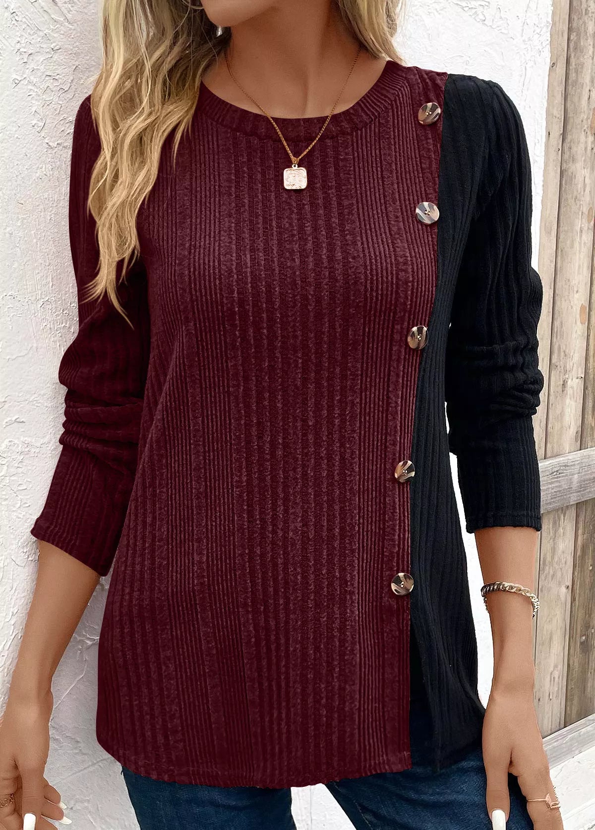 Color Block Ribbed Knit T-Shirt