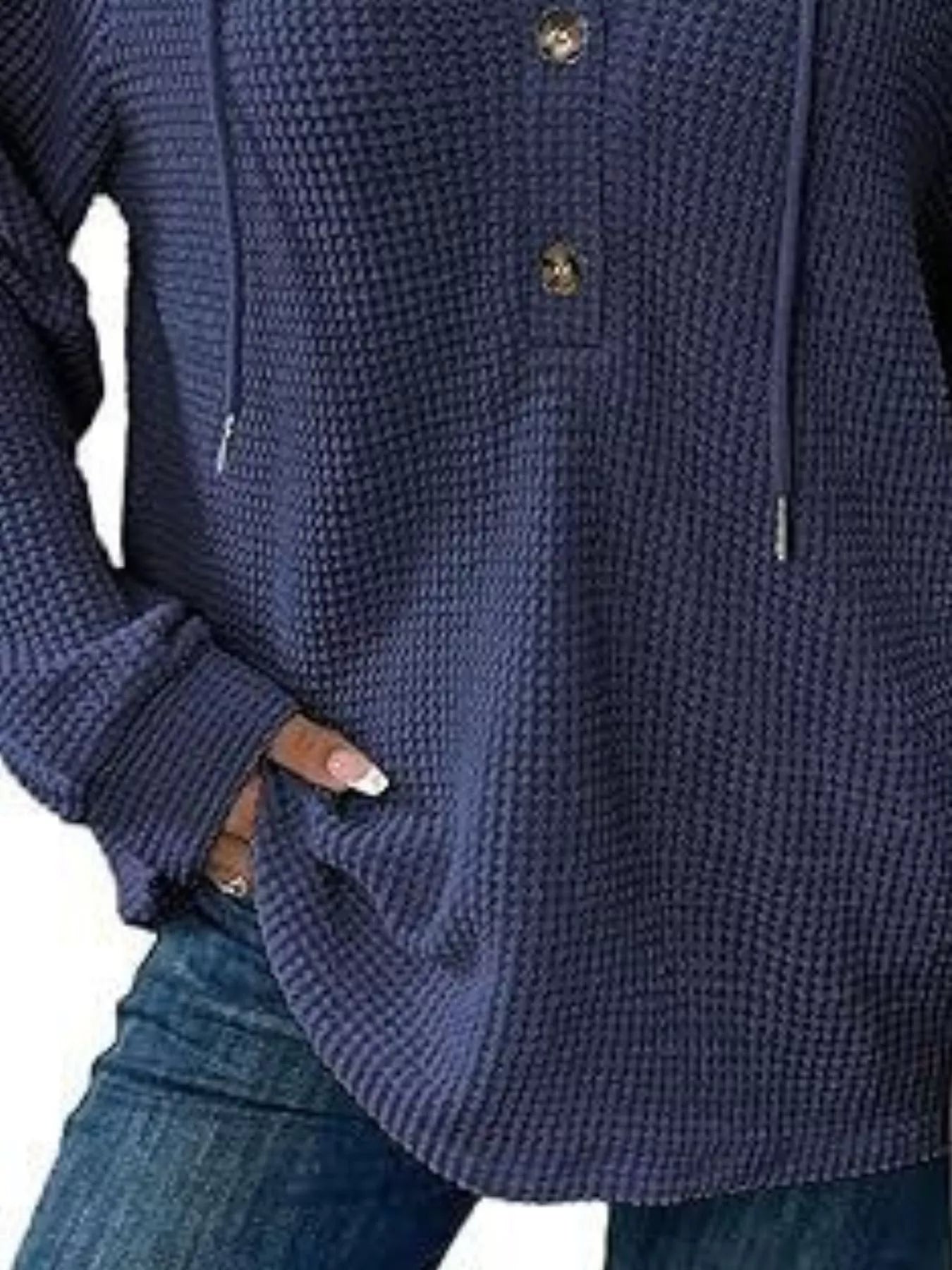 Full Size Button Detail Waffle Knit Hoodie Plus Size