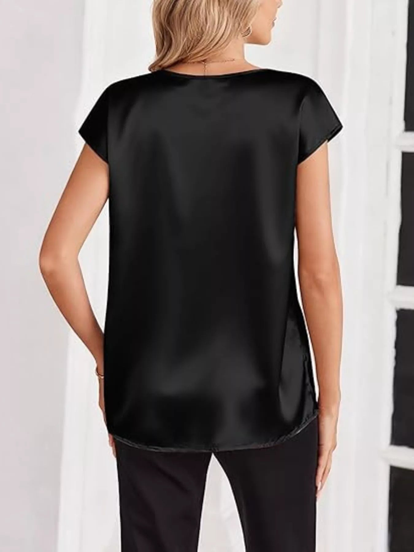 Satin V-Neck Short Sleeve Blouse