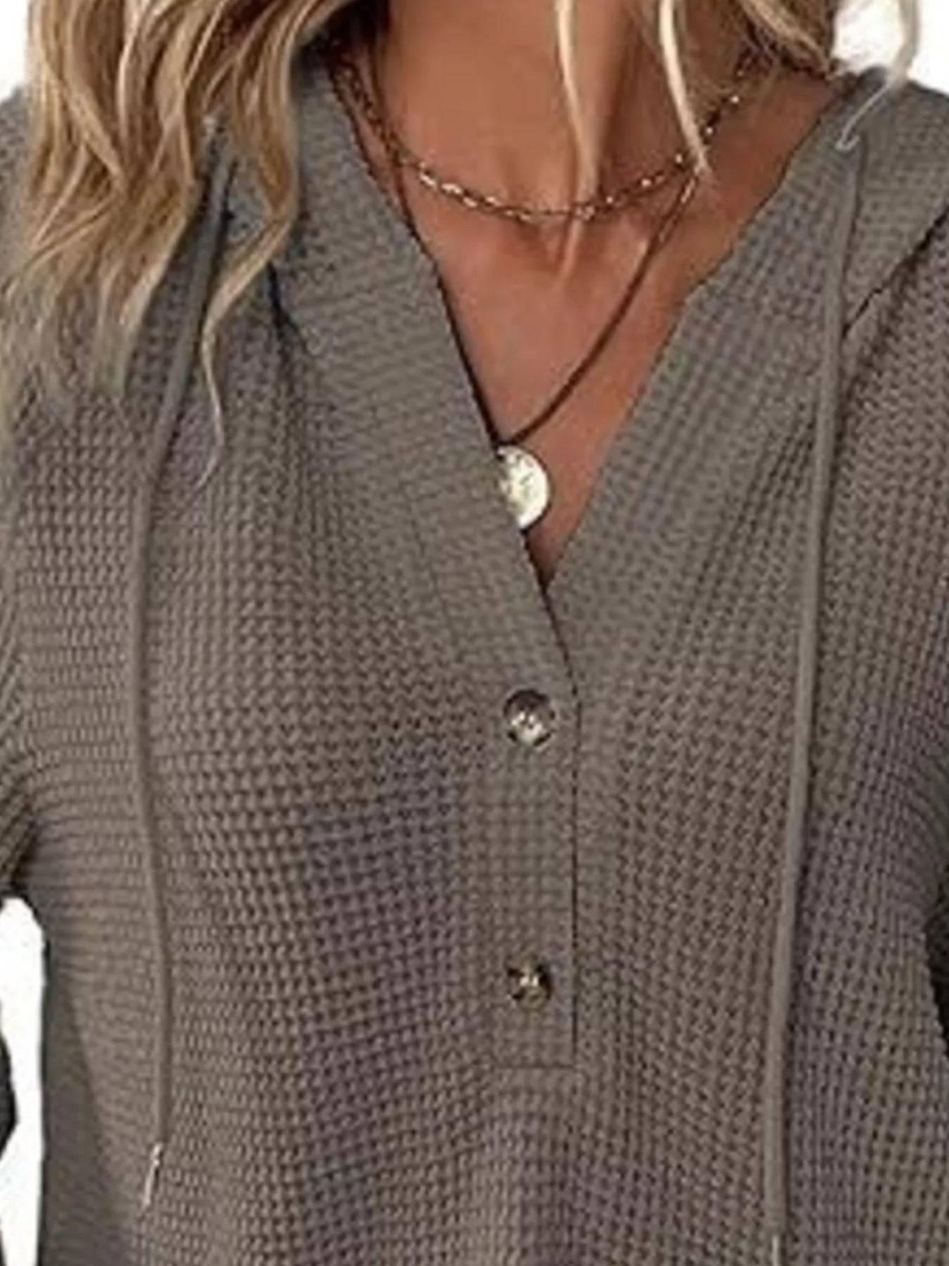 Full Size Button Detail Waffle Knit Hoodie Plus Size
