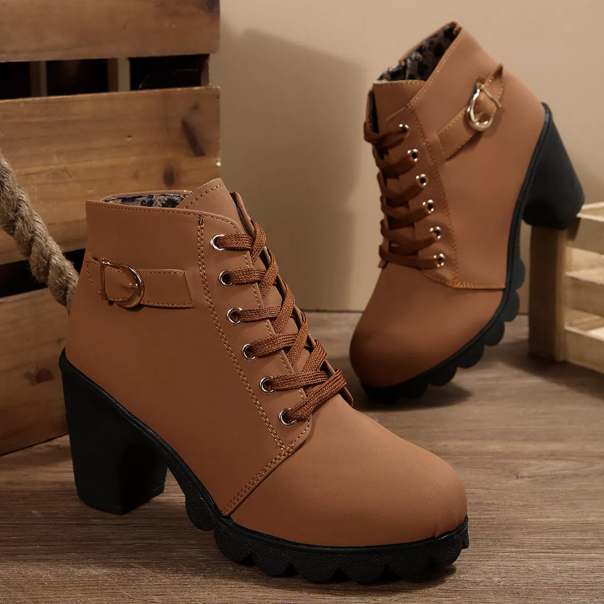 Lace-Up Buckle Chunky Heel Ankle Boots
