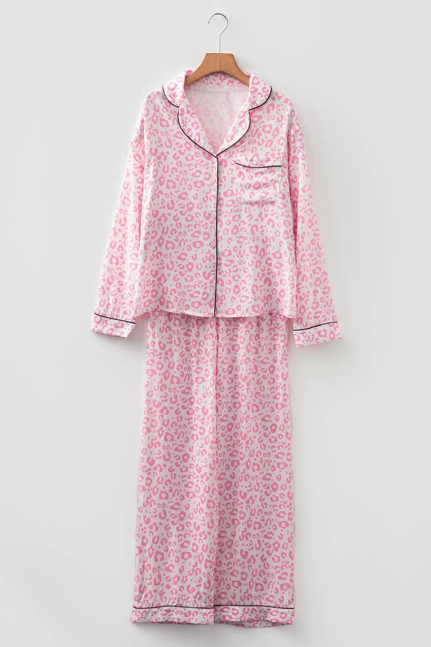 Leopard Print Button Up Top and Pants 2cps Pajama Set
