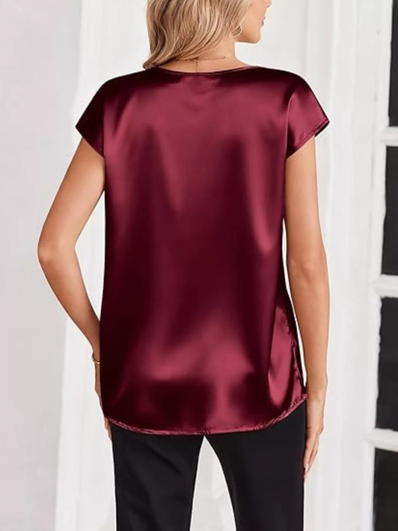 Satin V-Neck Short Sleeve Blouse