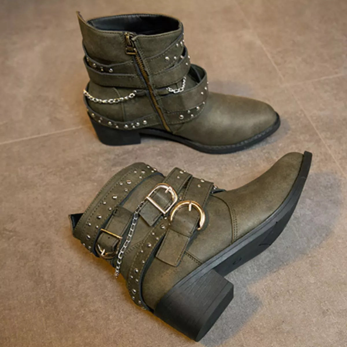 Studded Buckle Ankle Boots