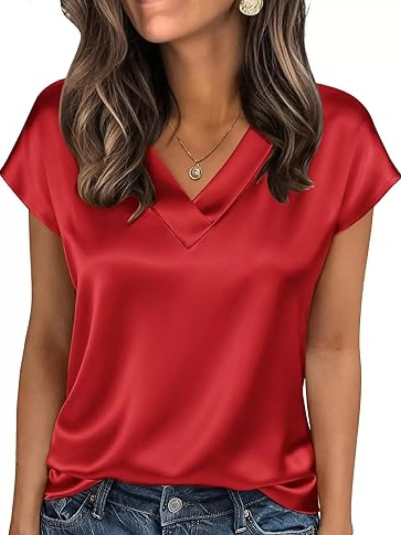 Satin V-Neck Short Sleeve Blouse