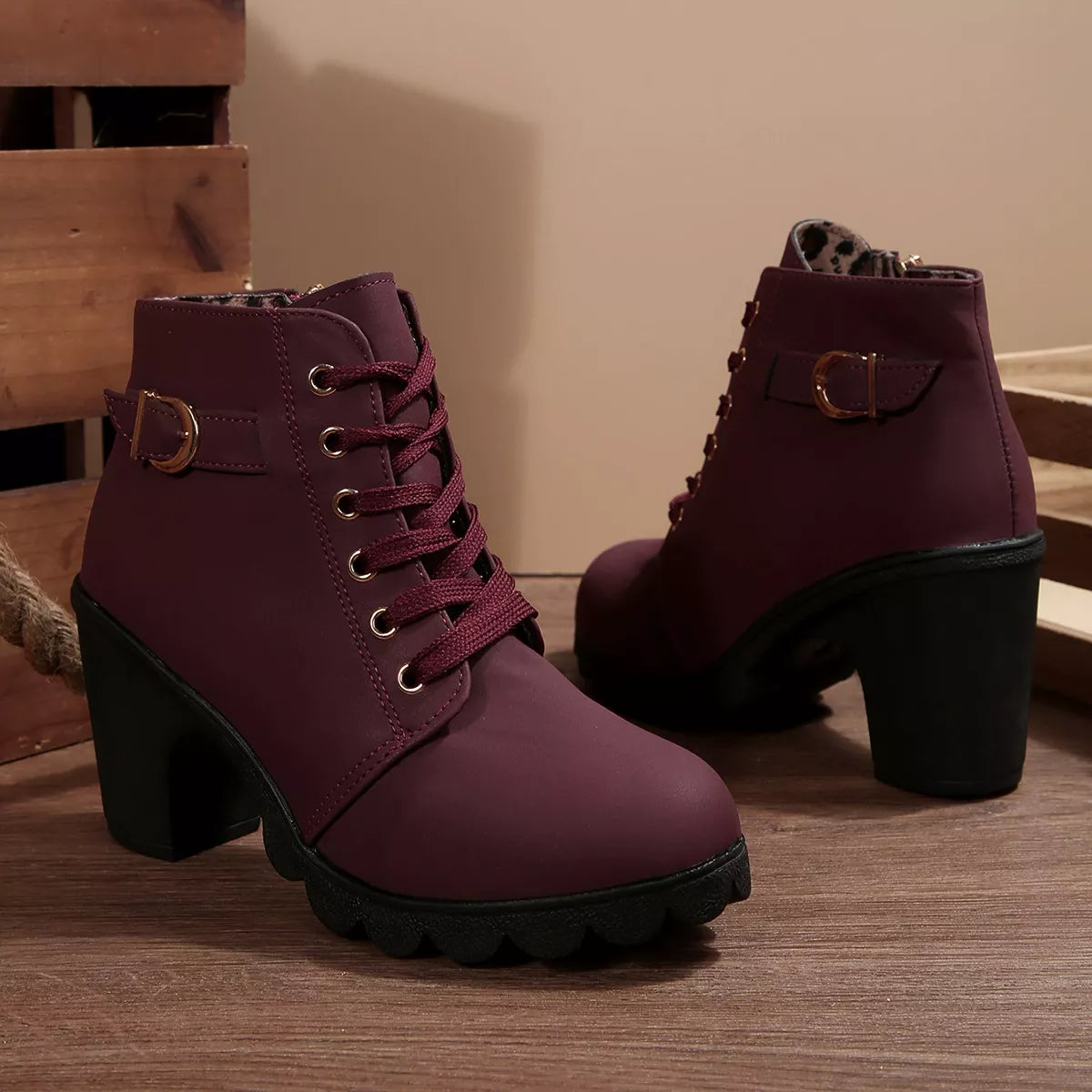 Lace-Up Buckle Chunky Heel Ankle Boots